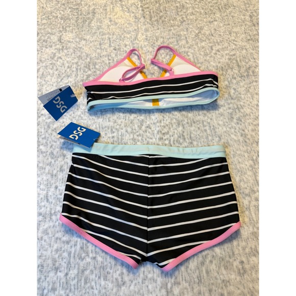 DSG Girls Dolphin Hem Swimsuit Bikini Top &‎ Bottoms Black White Stripe M NWT - Picture 6 of 6
